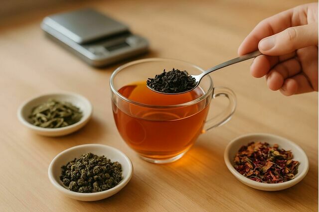 Measuring loose leaf tea with a teaspoon next to a glass cup of tea